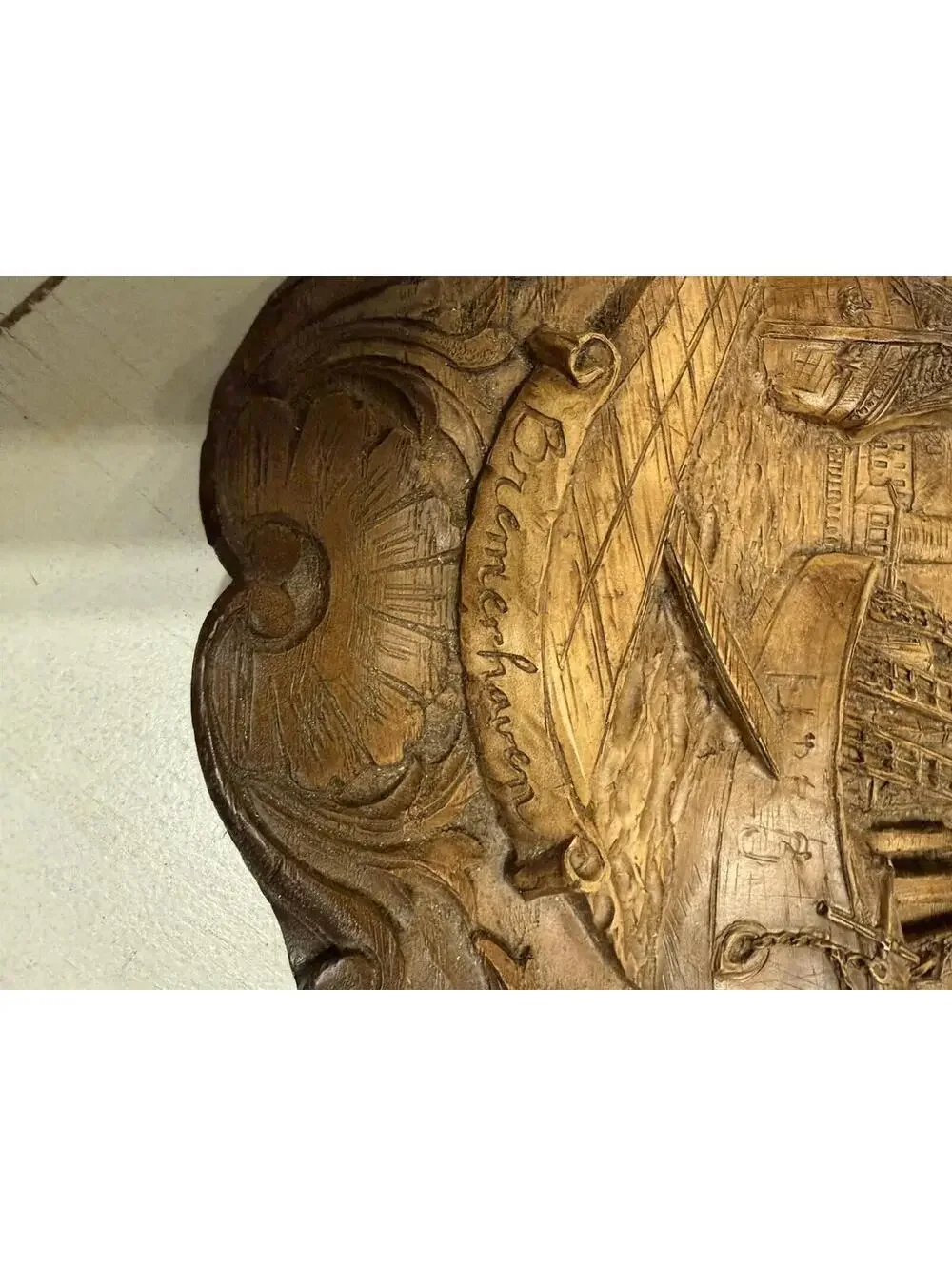 2 Vintage faux carved wood wall plaque/plates; colonial, country, farmhouse